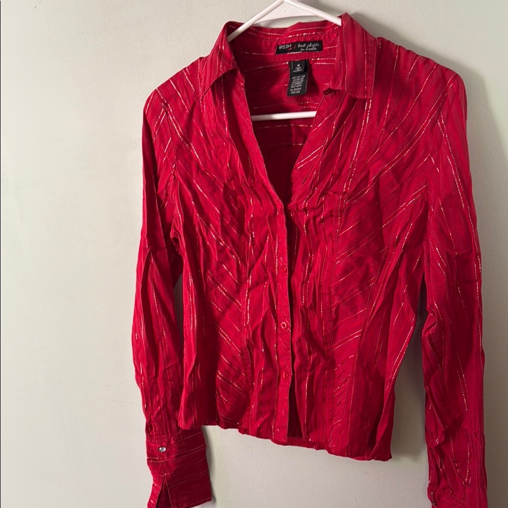 BCIH (Best Chick in Heels) Red Fitted Long Sleeve Button Down Shirt Size Medium